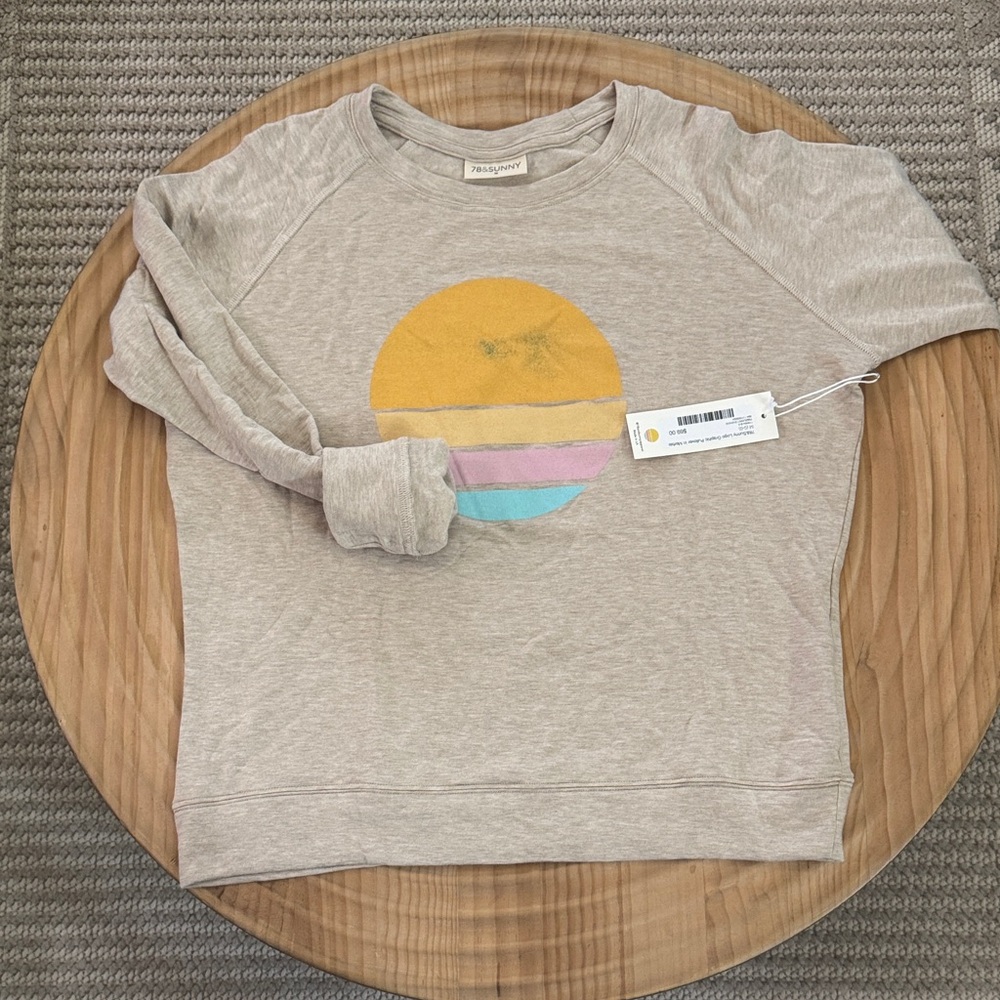 78 & SUNNY Women’s Neutral Crewneck Sweatshirt with Sunset Stripe Graphic